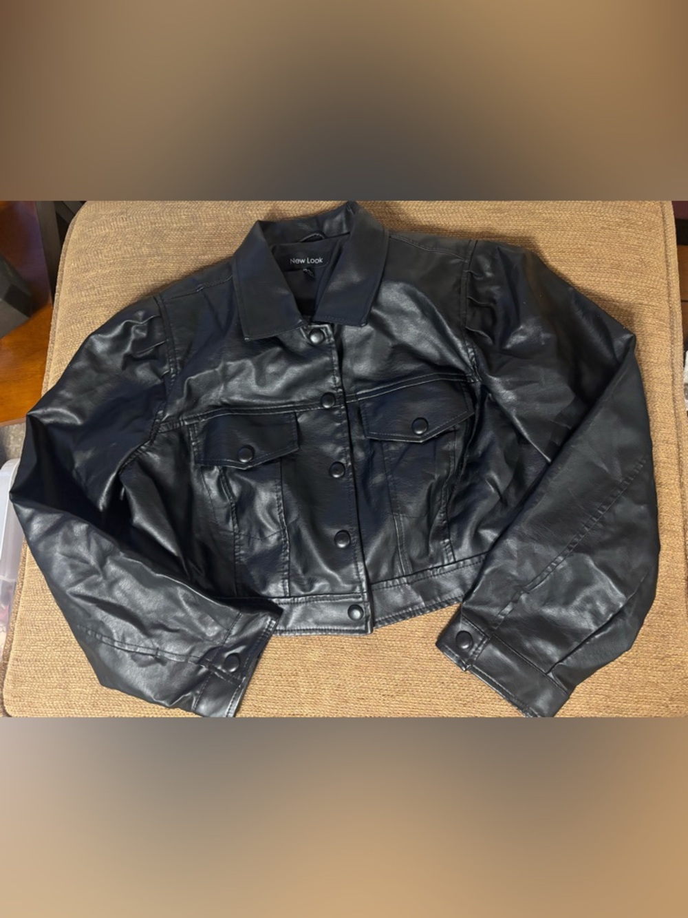 New Look Black Faux Leather Cropped Button Jacket